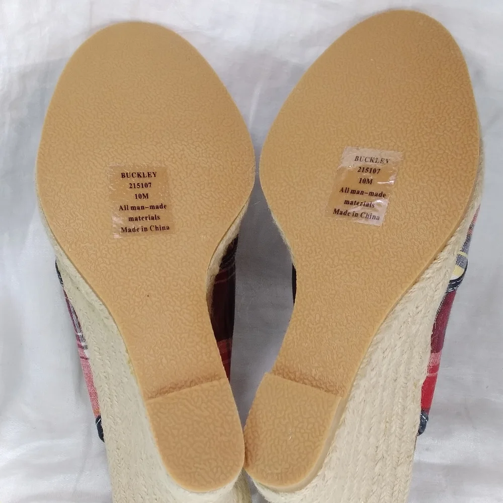Sahara Buckley Plaid SANDALS Red White Blue Womens Size 10M Slingback Wedge Heel